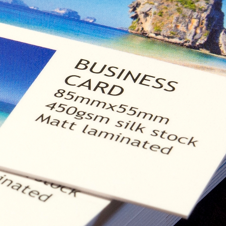 Close-up of 450gsm matte laminated business cards by Petes Printing UK.